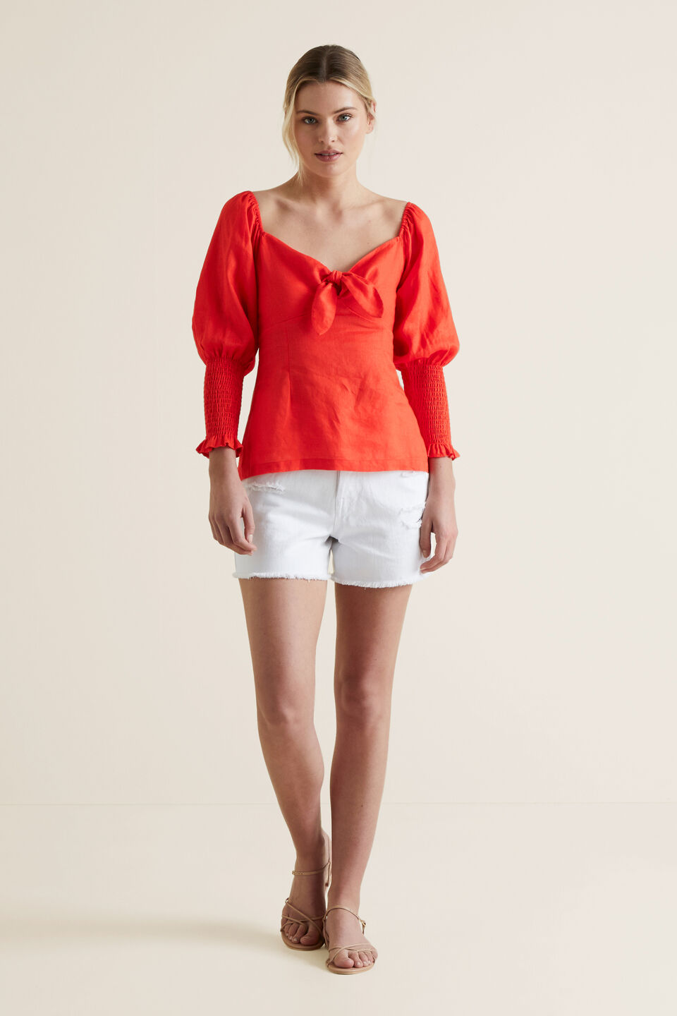 Bow Front Linen Blouse  Bold Poppy
