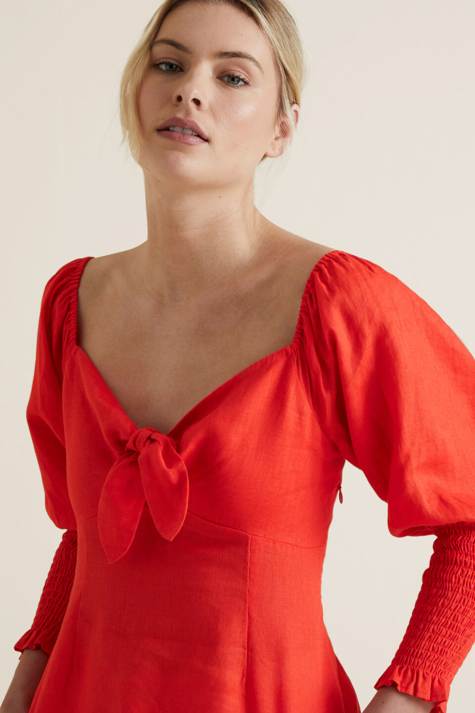 Bow Front Linen Blouse  Bold Poppy