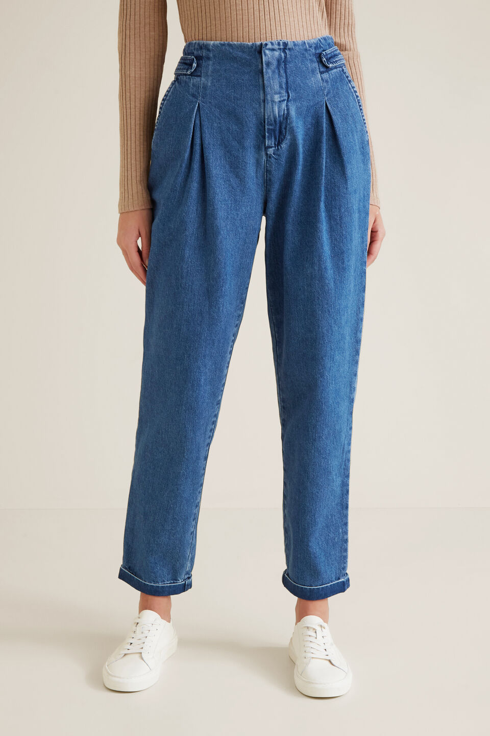 Flat Front Tab Jean  Mid Indigo Denim