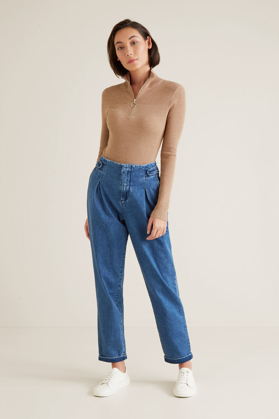 Flat Front Tab Jean  Mid Indigo Denim