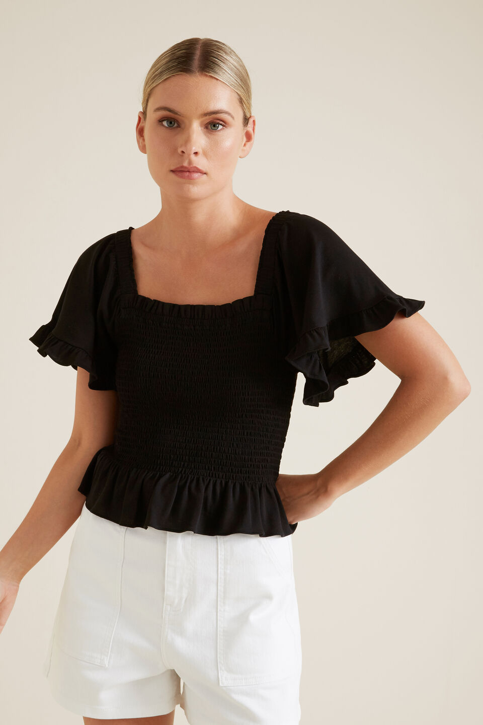 Shirred Short Sleeve Top  Black