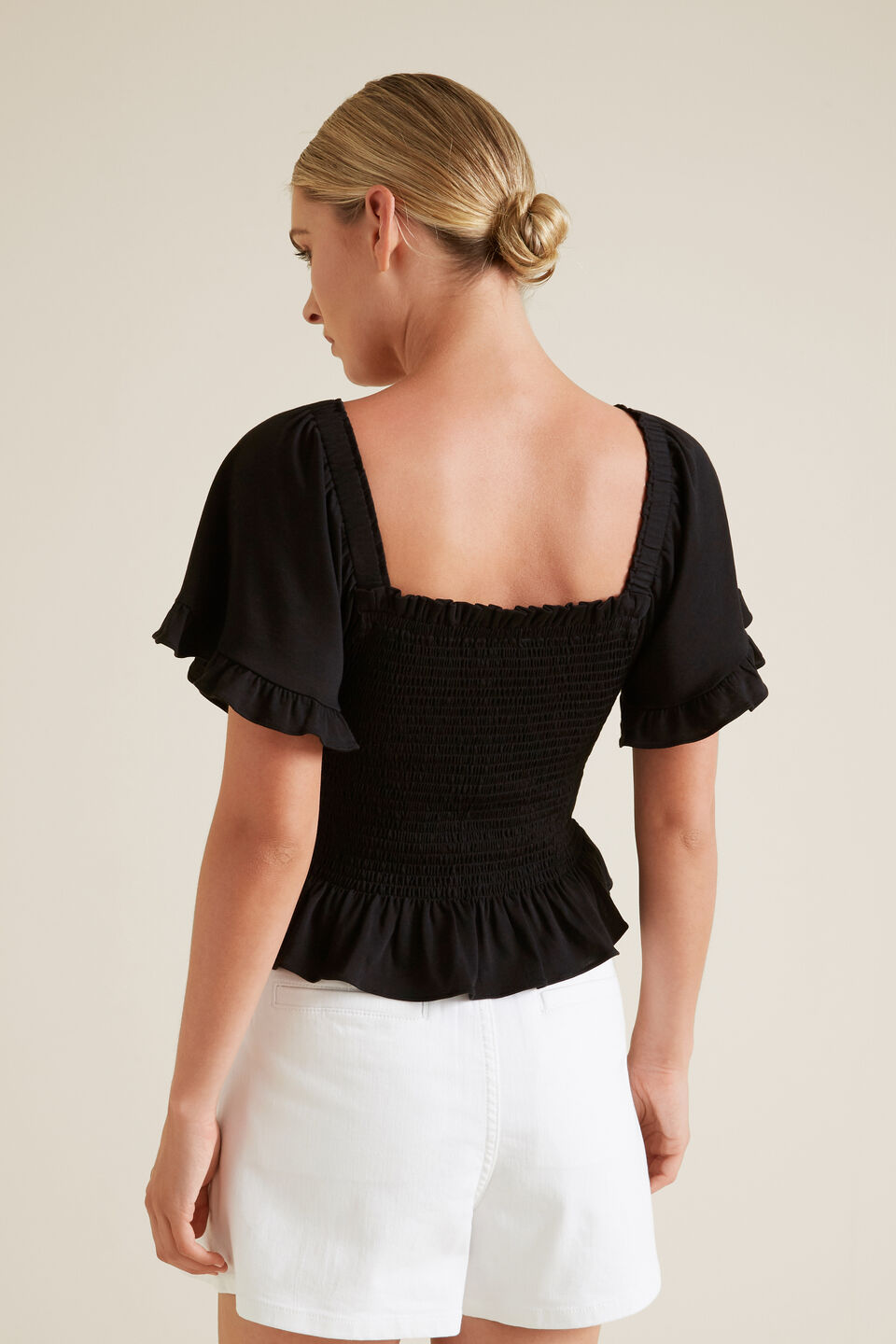Shirred Short Sleeve Top  Black