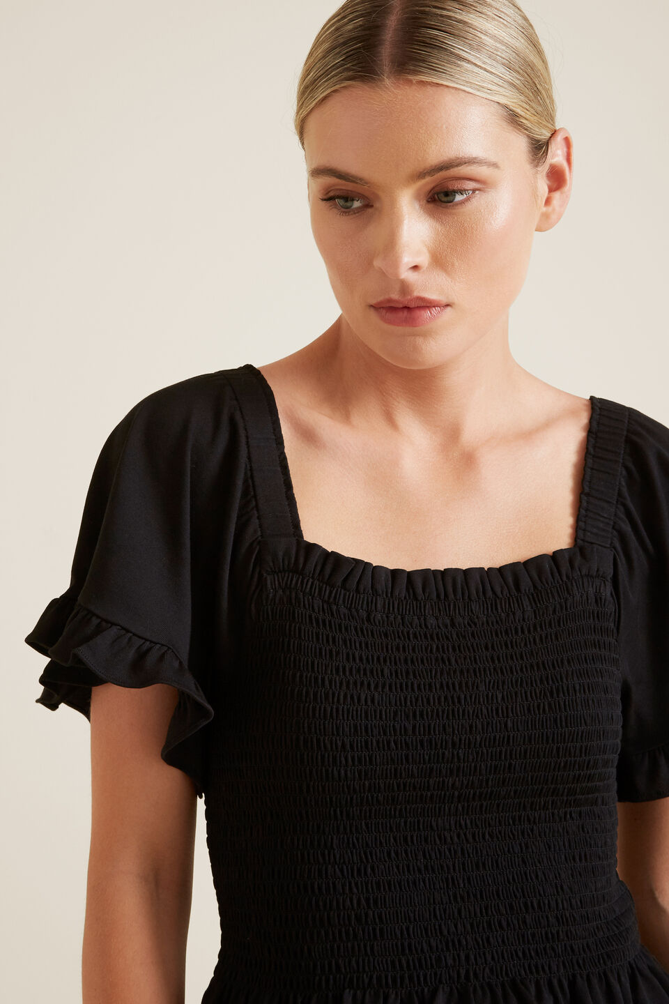 Shirred Short Sleeve Top  Black