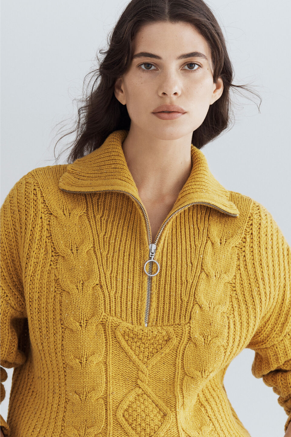 Funnel Neck Cable Sweater  Turmeric Fleck