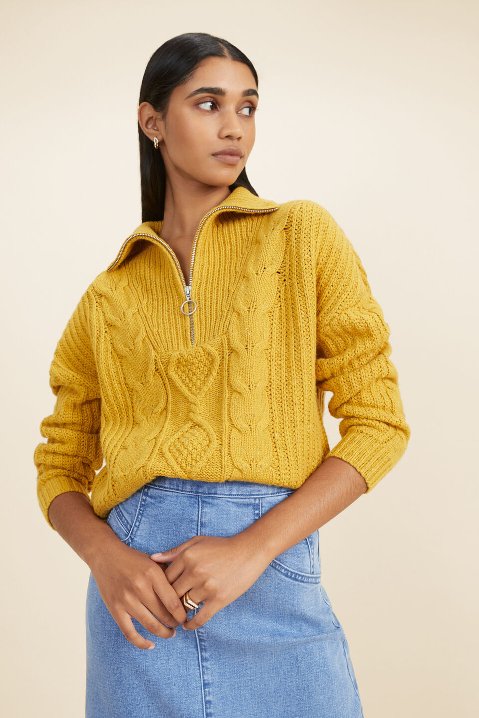 Funnel Neck Cable Sweater  Turmeric Fleck