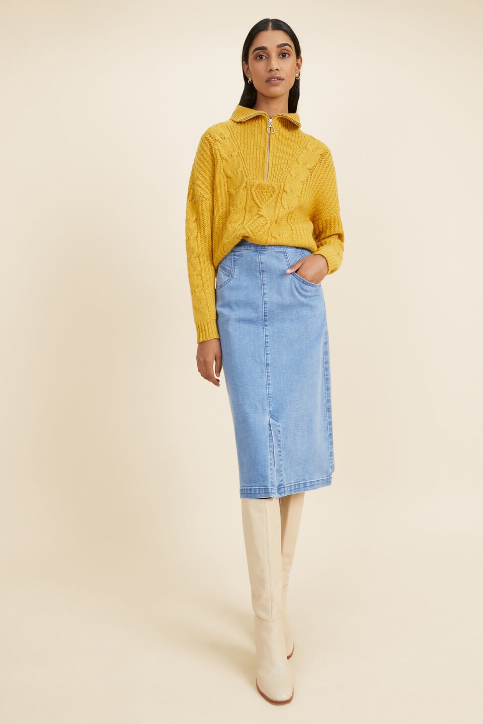 Funnel Neck Cable Sweater  Turmeric Fleck