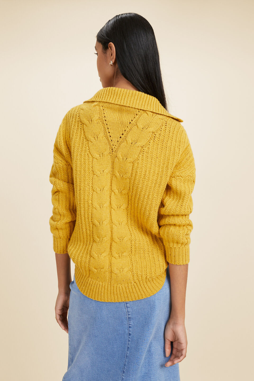 Funnel Neck Cable Sweater  Turmeric Fleck