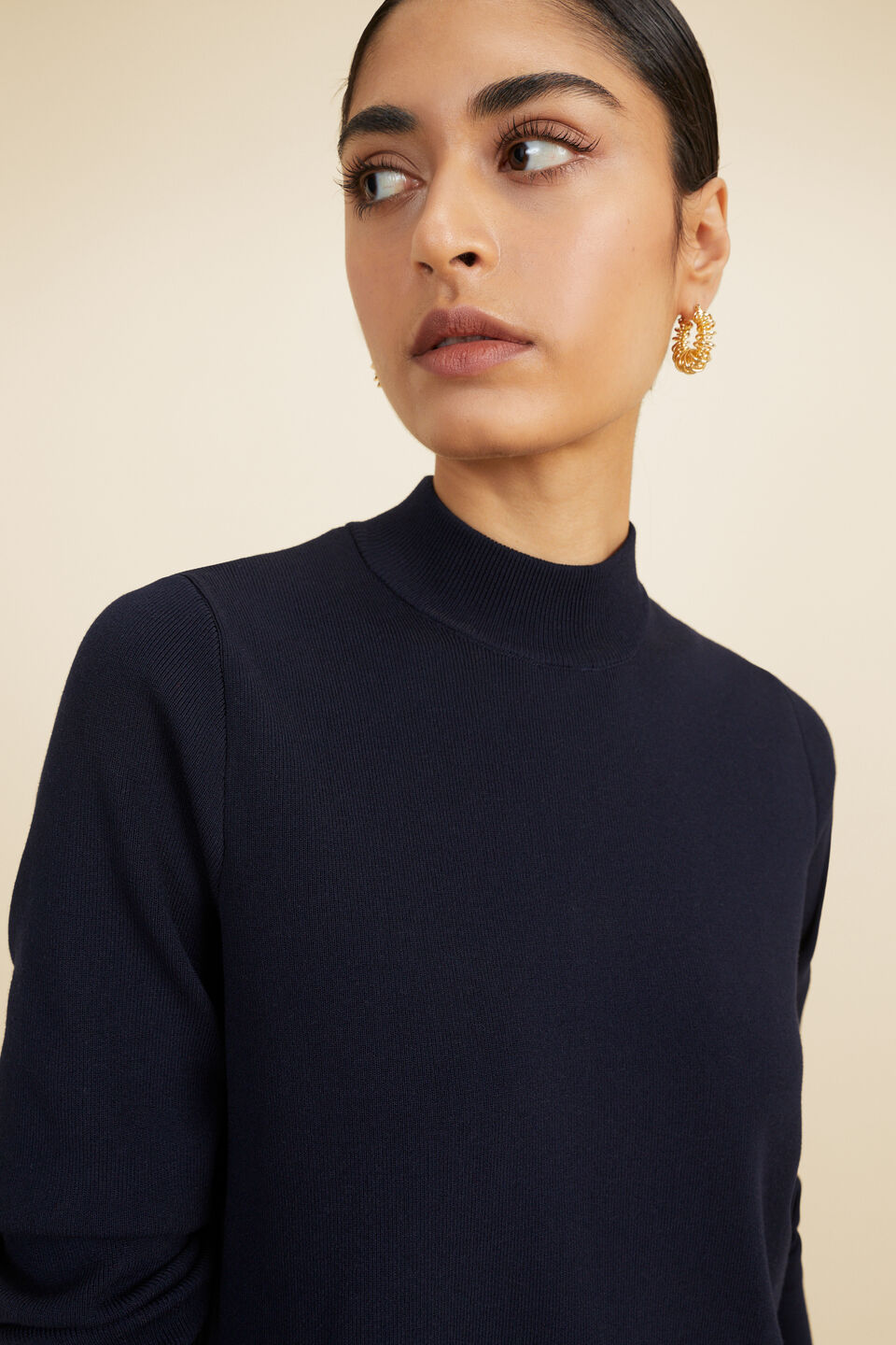 Crepe Knit Mock Neck Sweater  Deep Navy