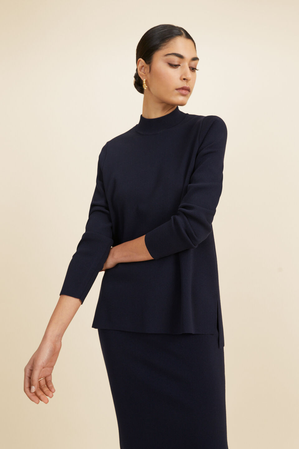 Crepe Knit Mock Neck Sweater  Deep Navy
