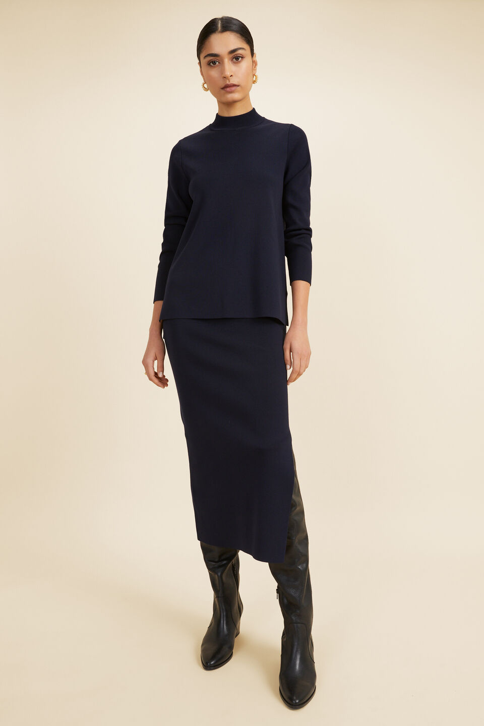 Crepe Knit Mock Neck Sweater  Deep Navy
