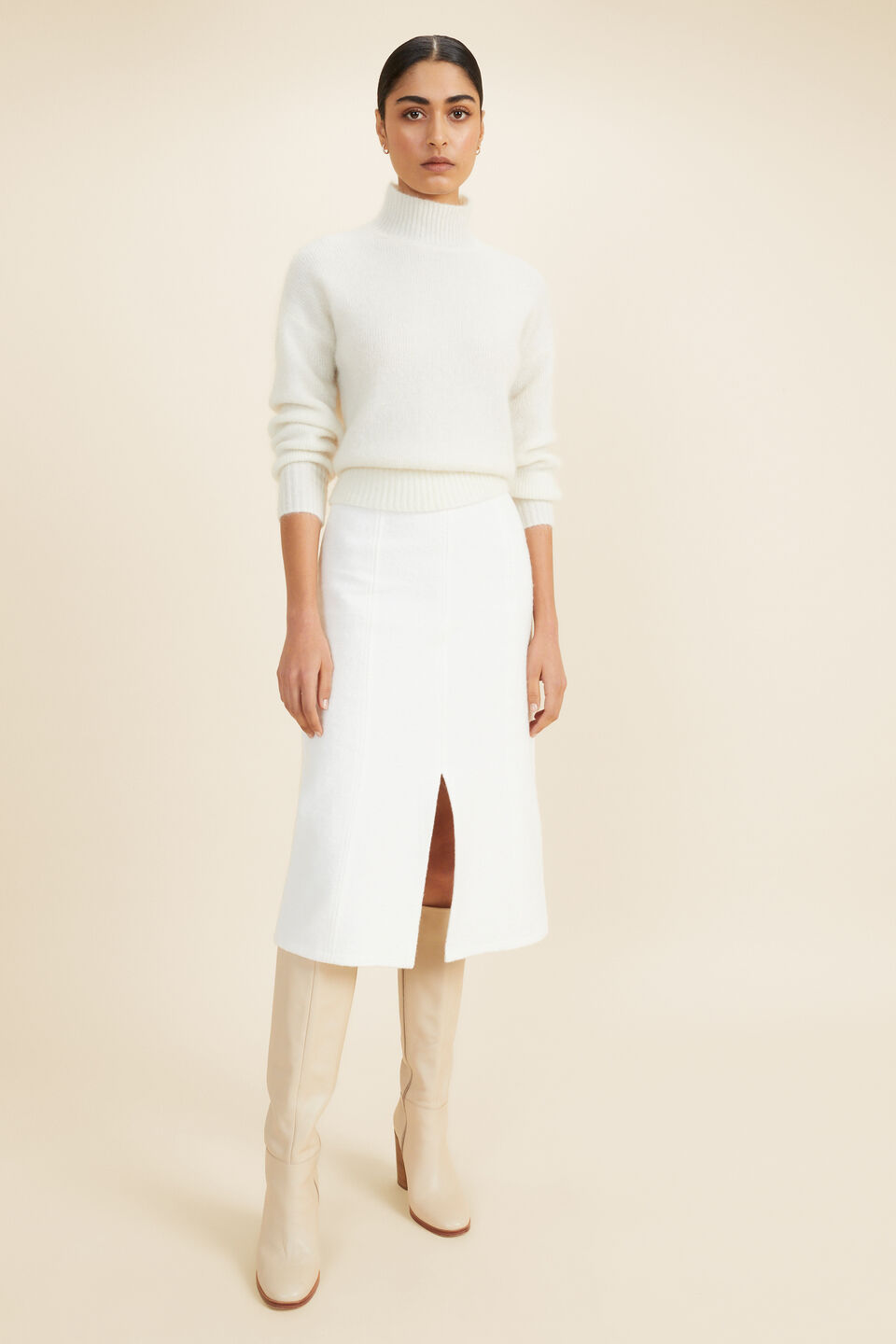 Wool Blend Split Front Skirt  Cloud Cream