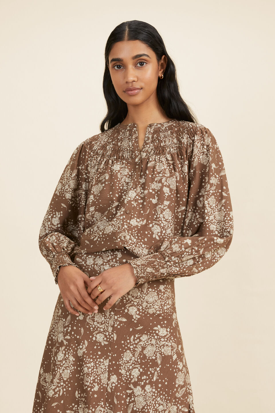 Floral Smocked Yoke Blouse  Coconut Brown Floral