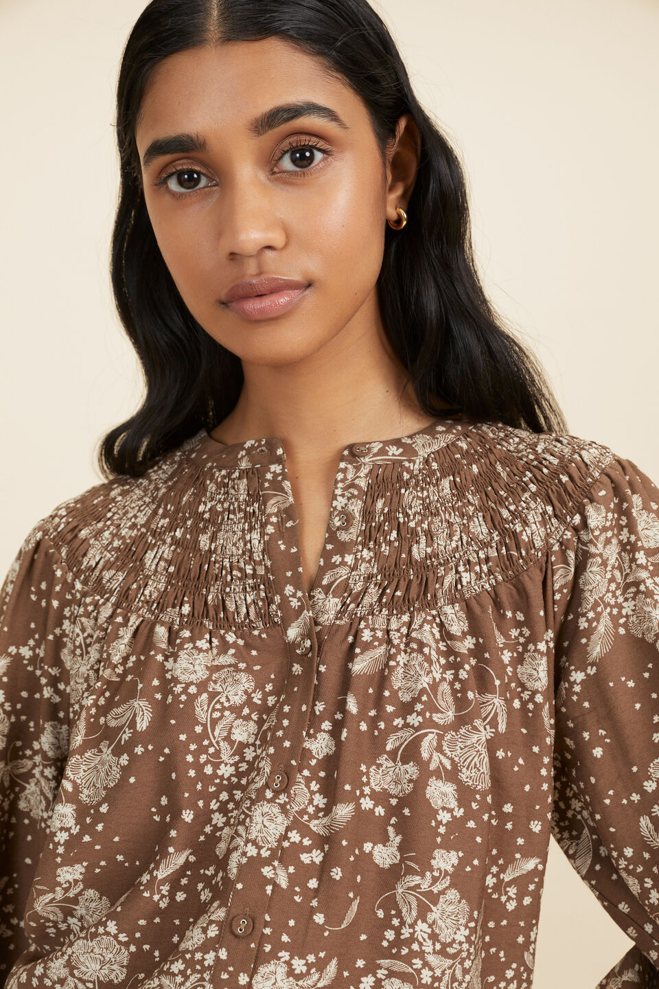 Floral Smocked Yoke Blouse  Coconut Brown Floral