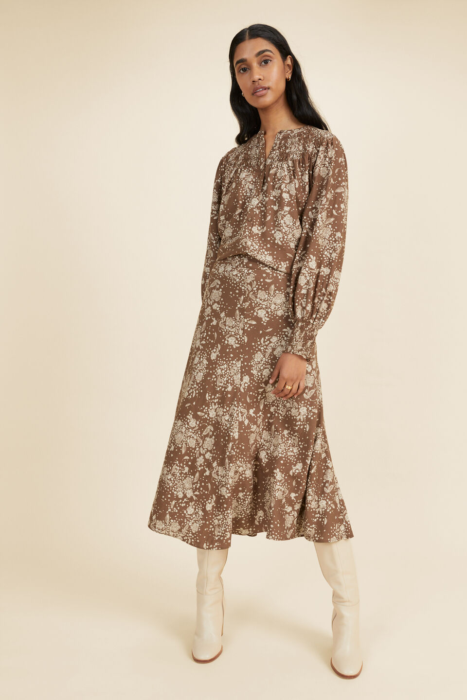Floral Smocked Yoke Blouse  Coconut Brown Floral