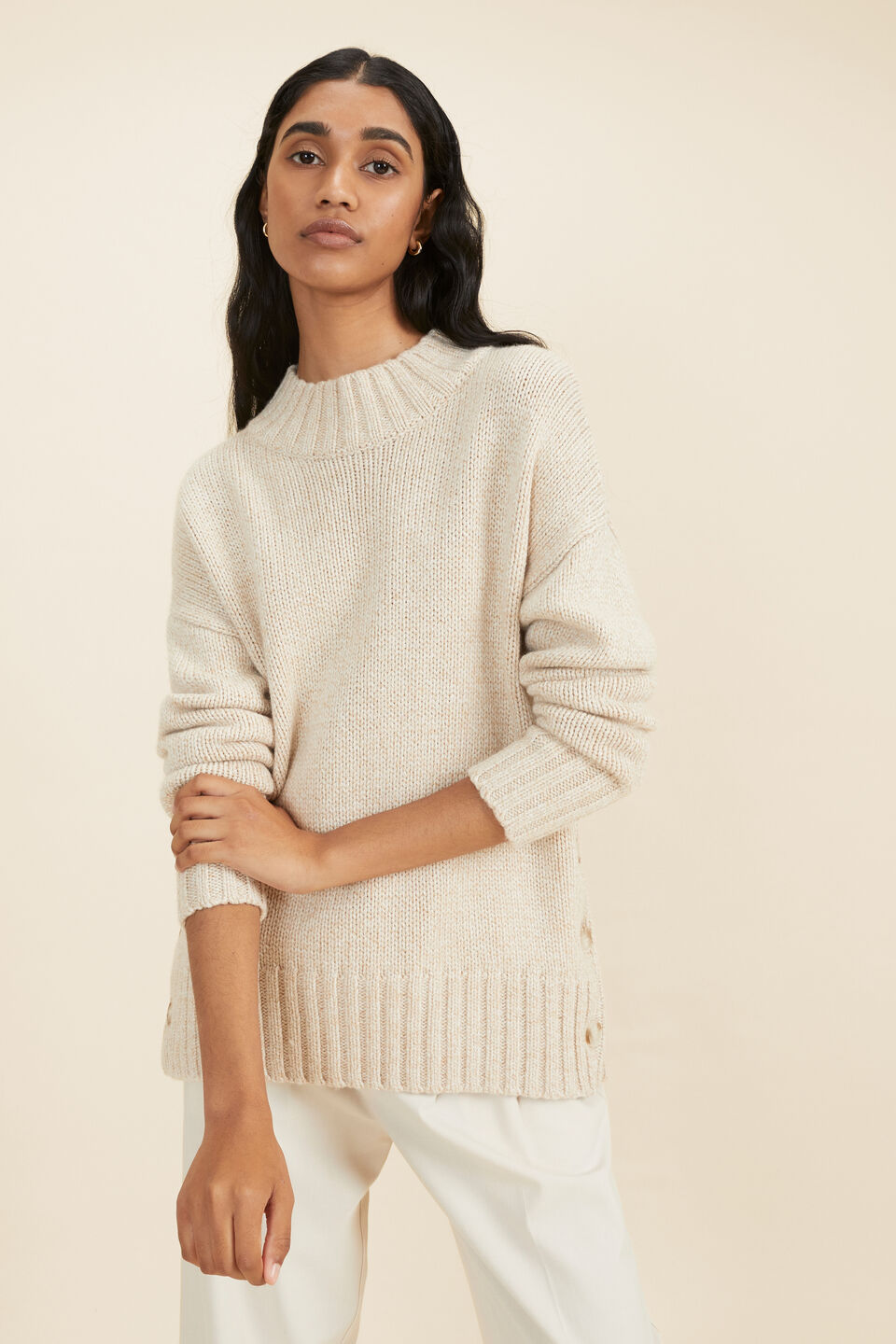 Button Side Sweater  Pebble Cream Twist