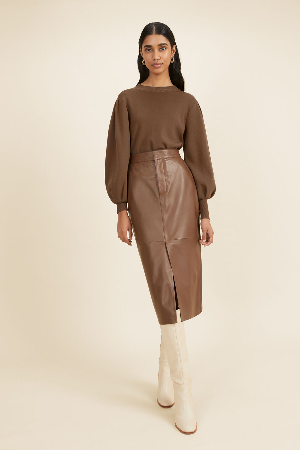 Crepe Knit Tuck Sleeve Sweater  Coconut Brown