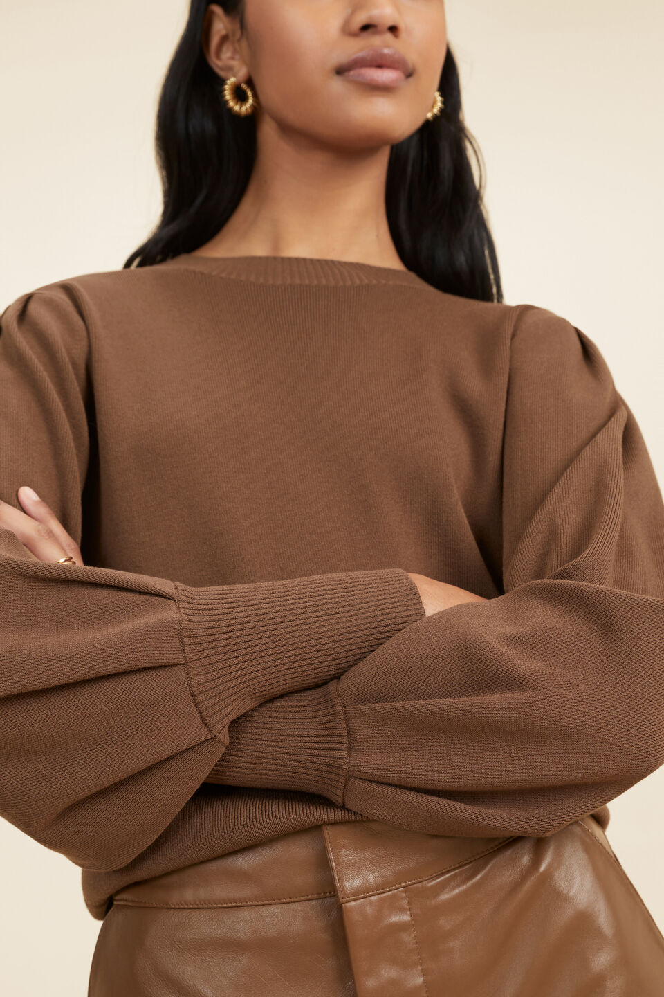 Crepe Knit Tuck Sleeve Sweater  Coconut Brown