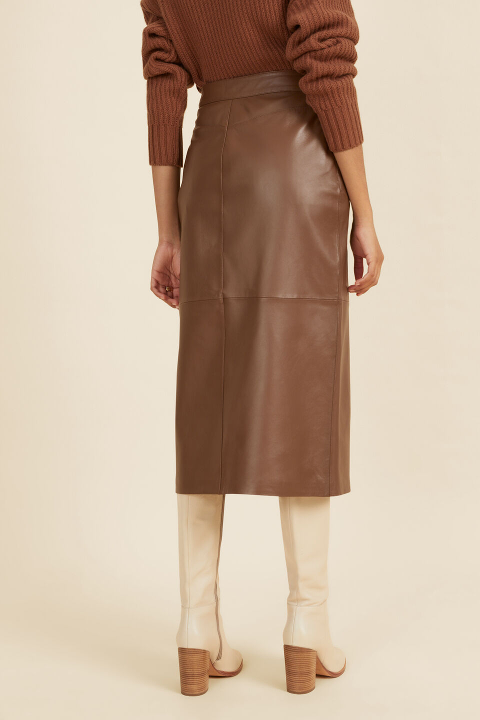 Leather Pencil Midi Skirt  Coconut Brown