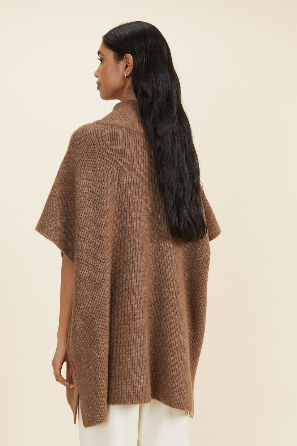 Wool Blend Poncho  Biscuit Marle