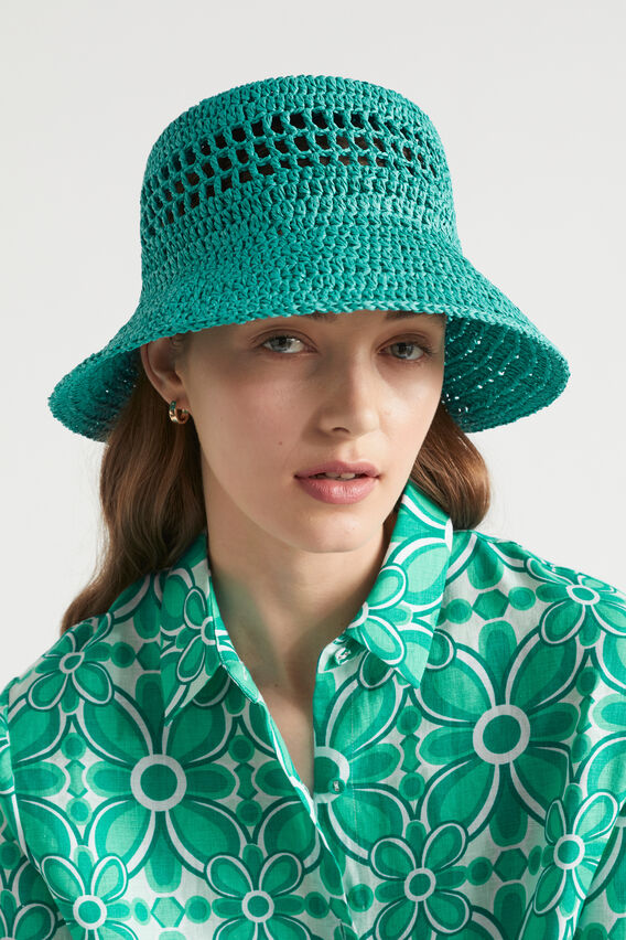Cutout Straw Bucket Hat  Deep Teal  hi-res