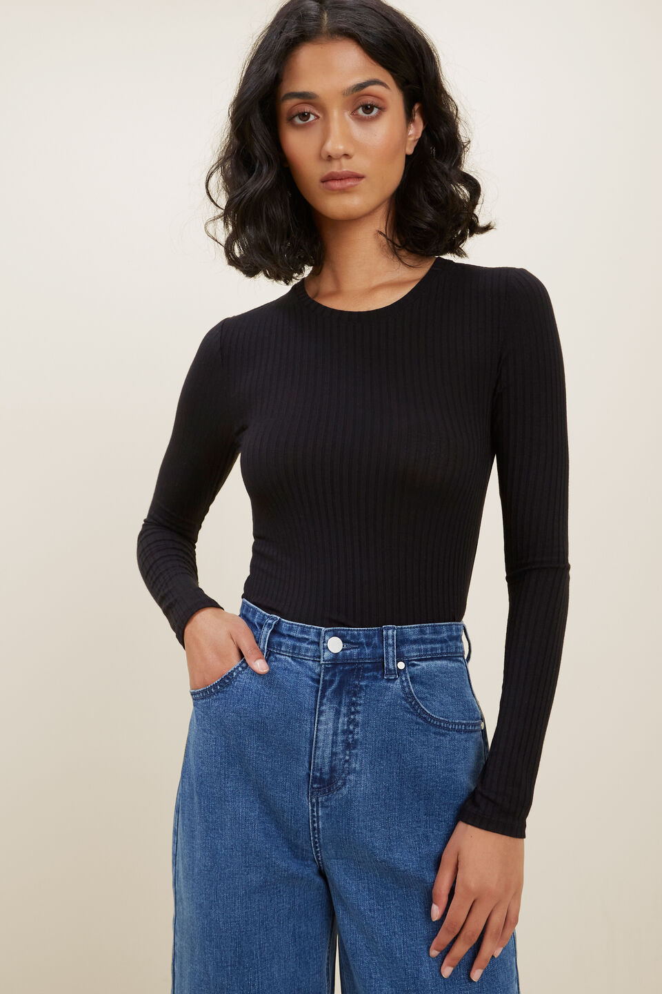 Rib Long Sleeve Top  Black