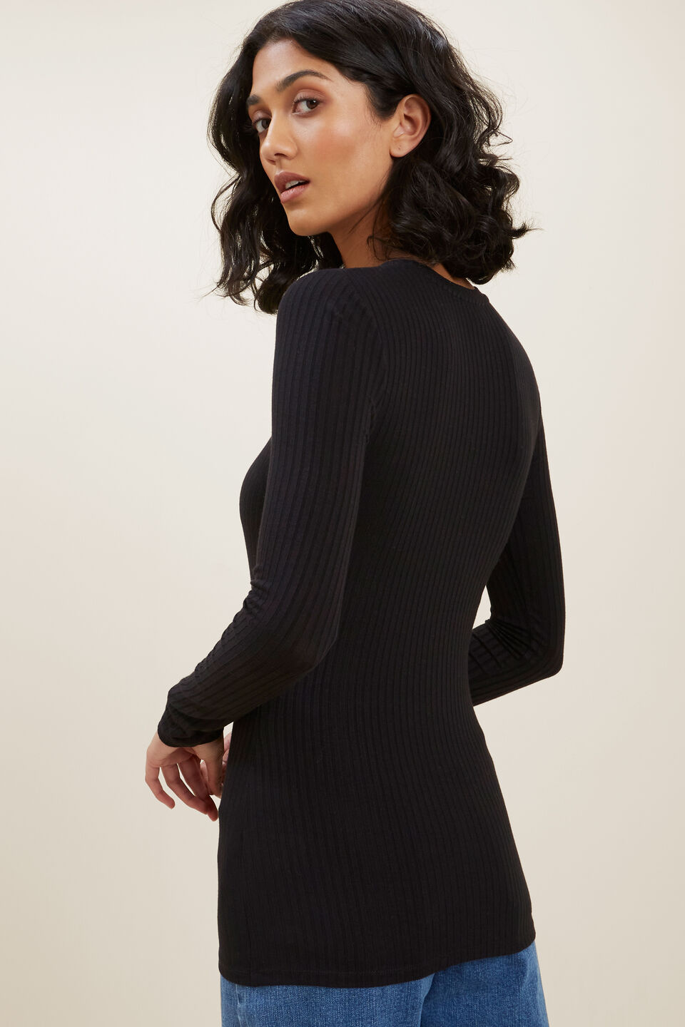 Rib Long Sleeve Top  Black