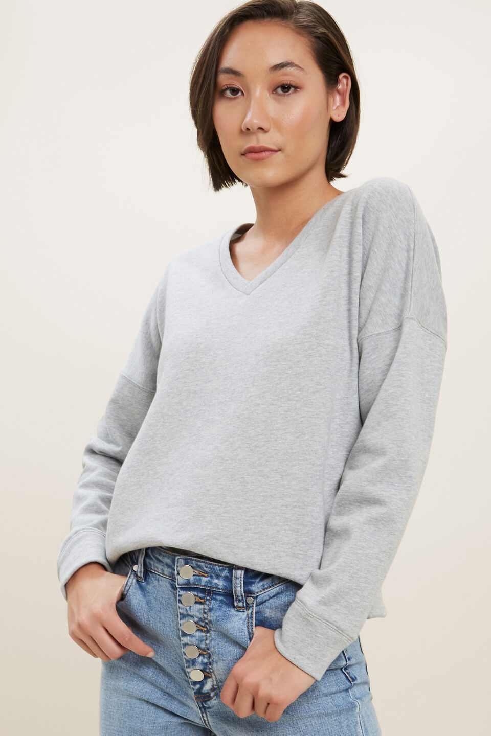 Clean V Neck Sweater  Dim Grey Marle