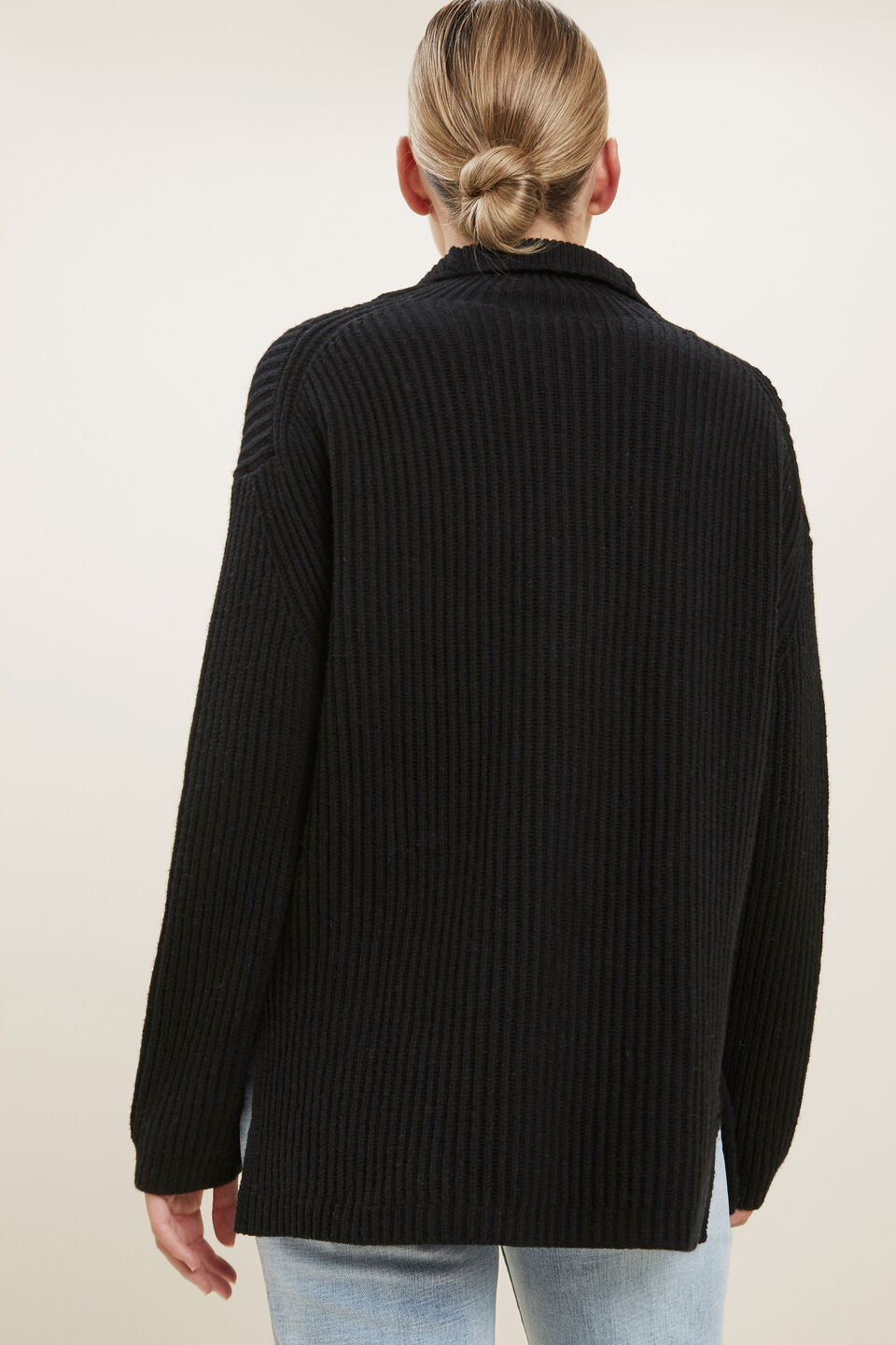 Longline Collared Sweater  Black  hi-res