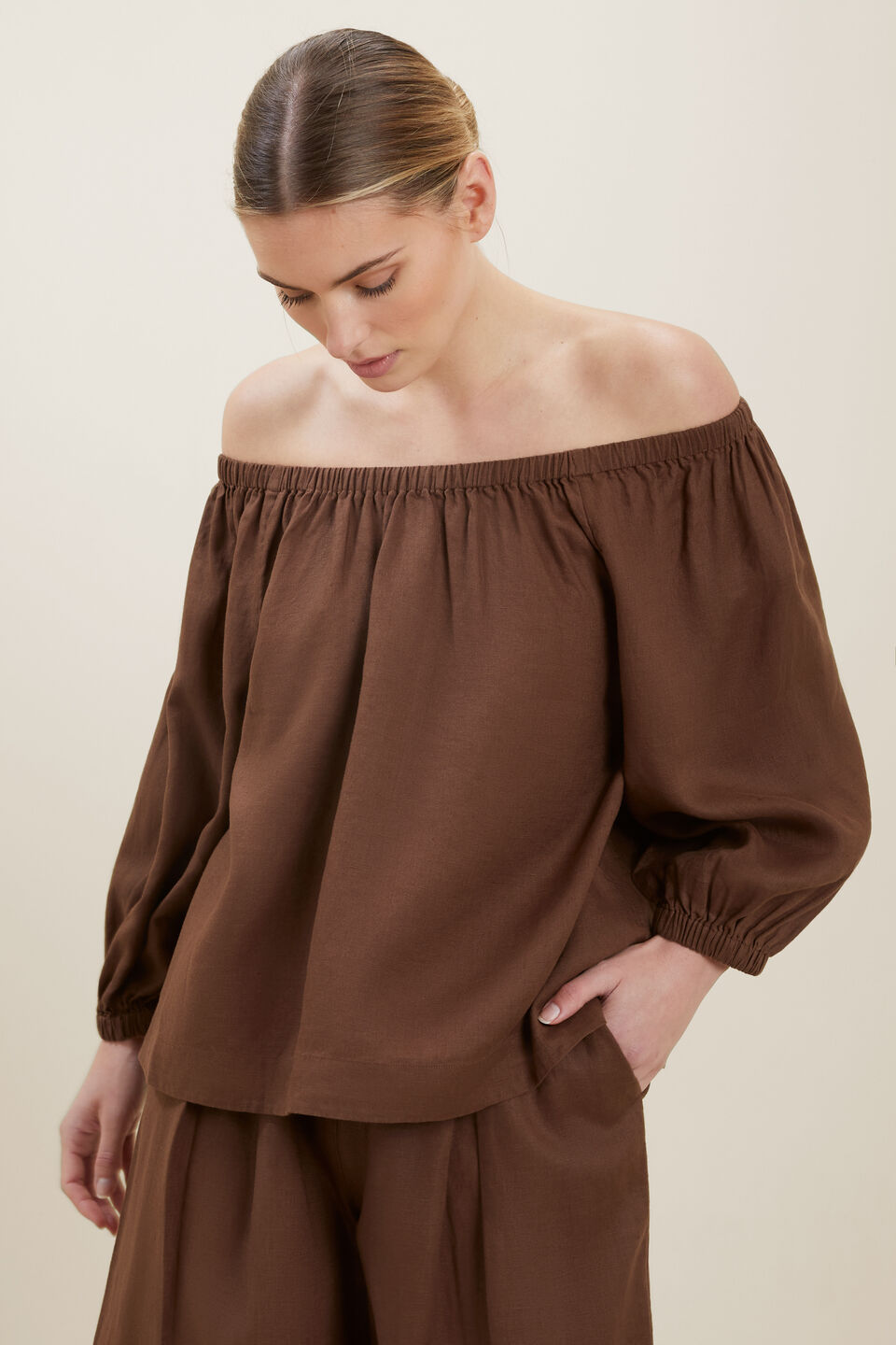 Linen Peasant Top  Russet Brown