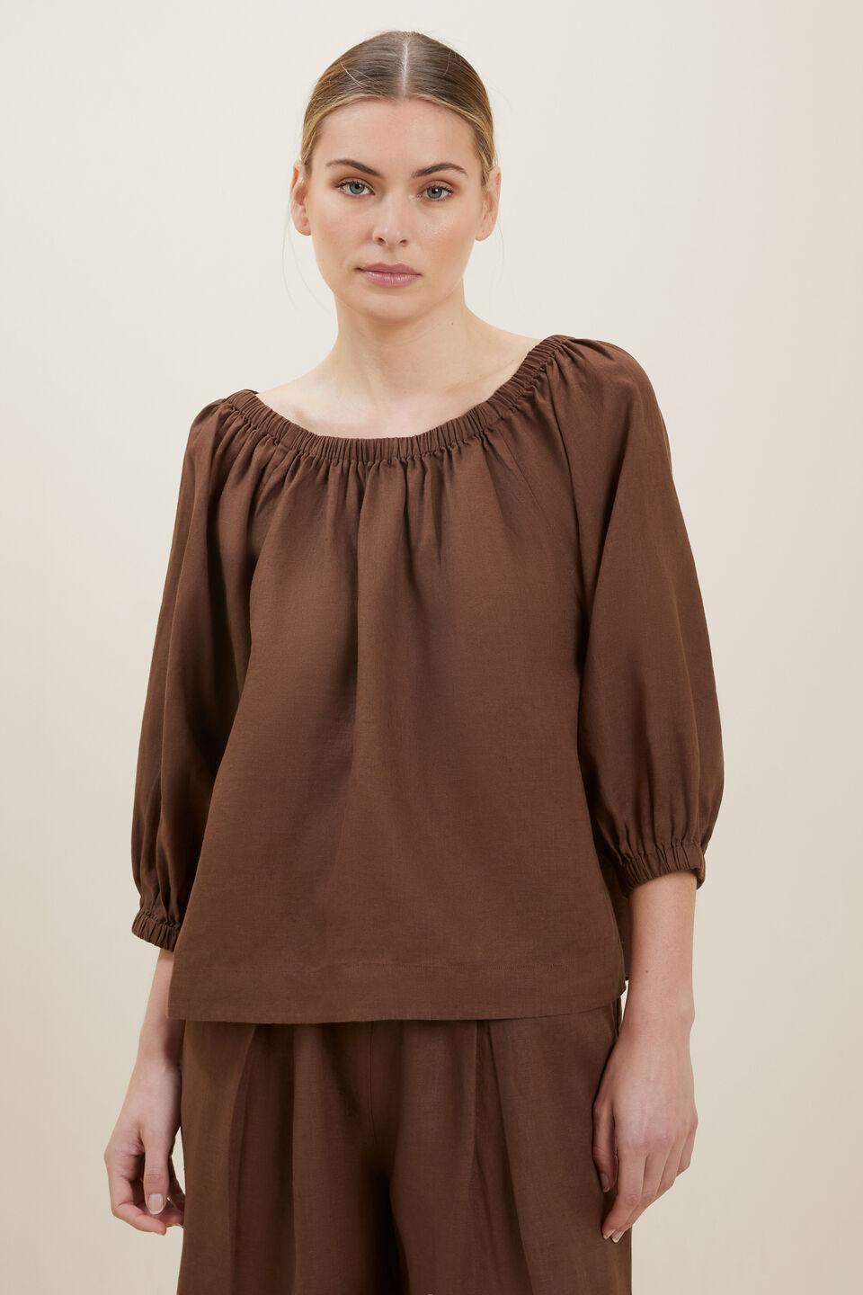 Linen Peasant Top  Russet Brown