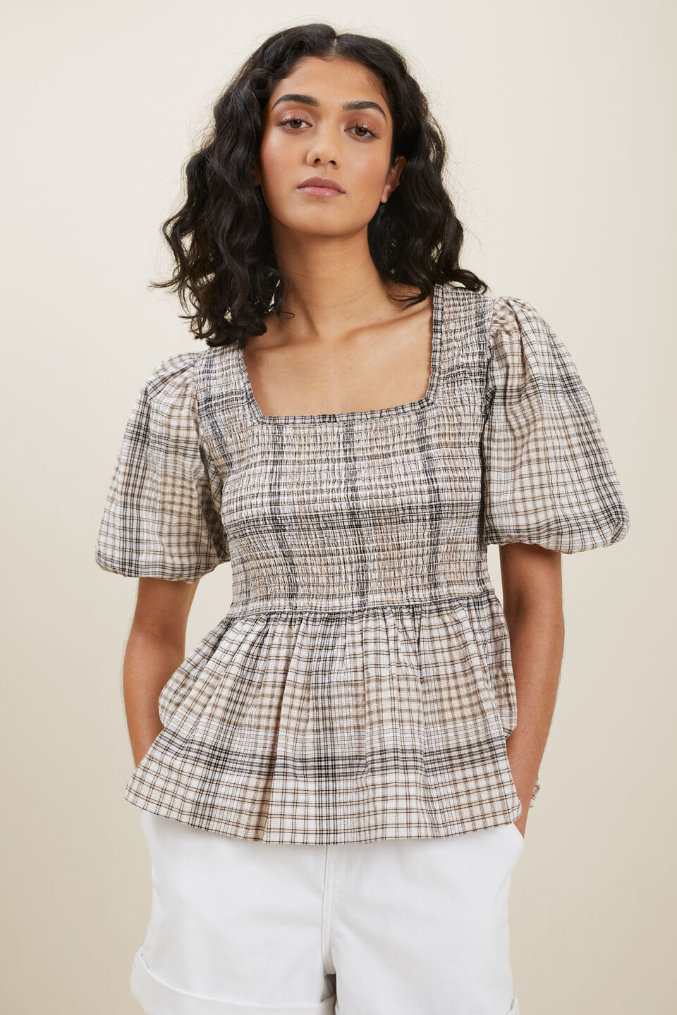 Textured Check Smock Top  Neutral Check