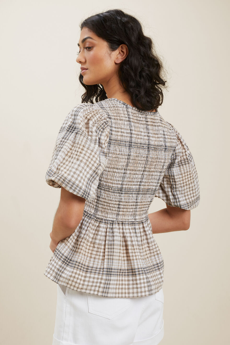 Textured Check Smock Top  Neutral Check