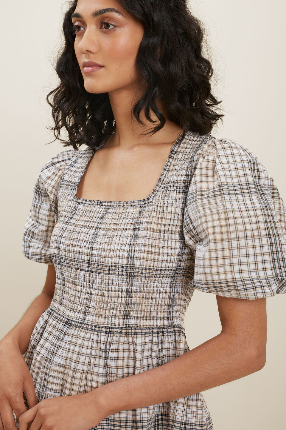 Textured Check Smock Top  Neutral Check