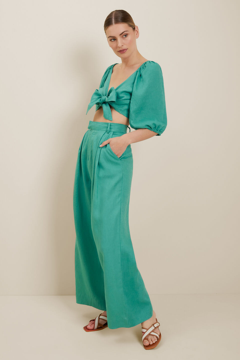 Linen Knot Front Top  Deep Aqua
