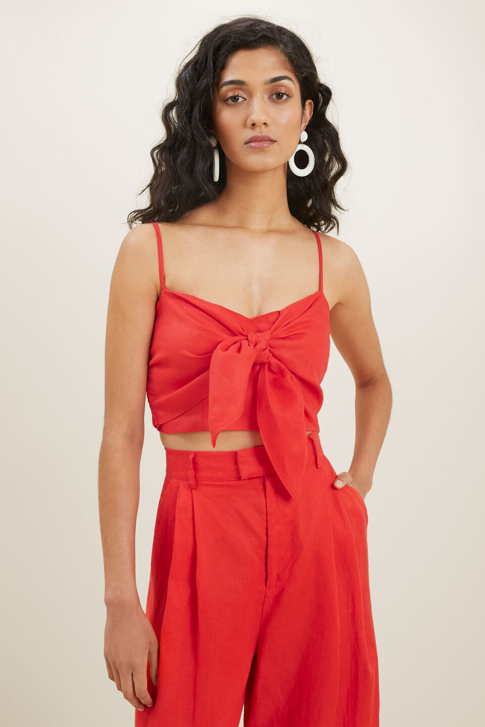Linen Knot Front Top  Chilli Red