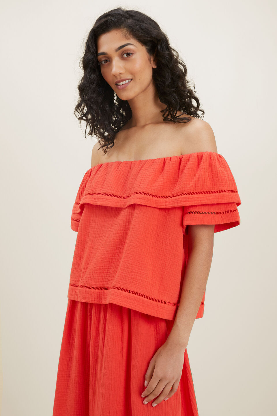 Cheesecloth Ladder Top  Chilli Red