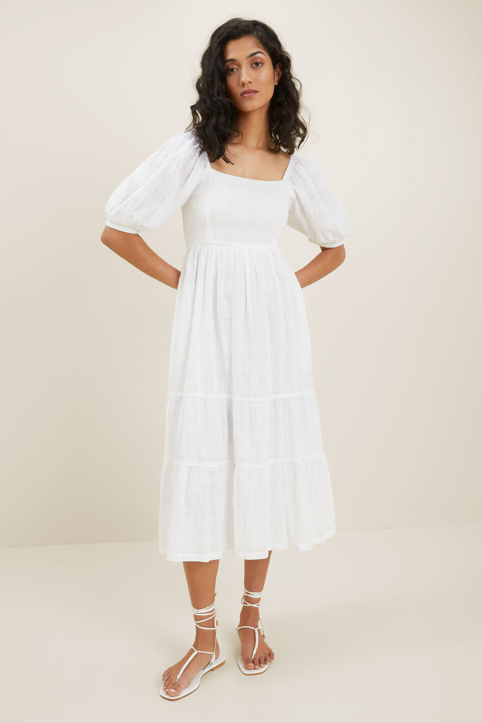 Check Tiered Midi Dress  Whisper White