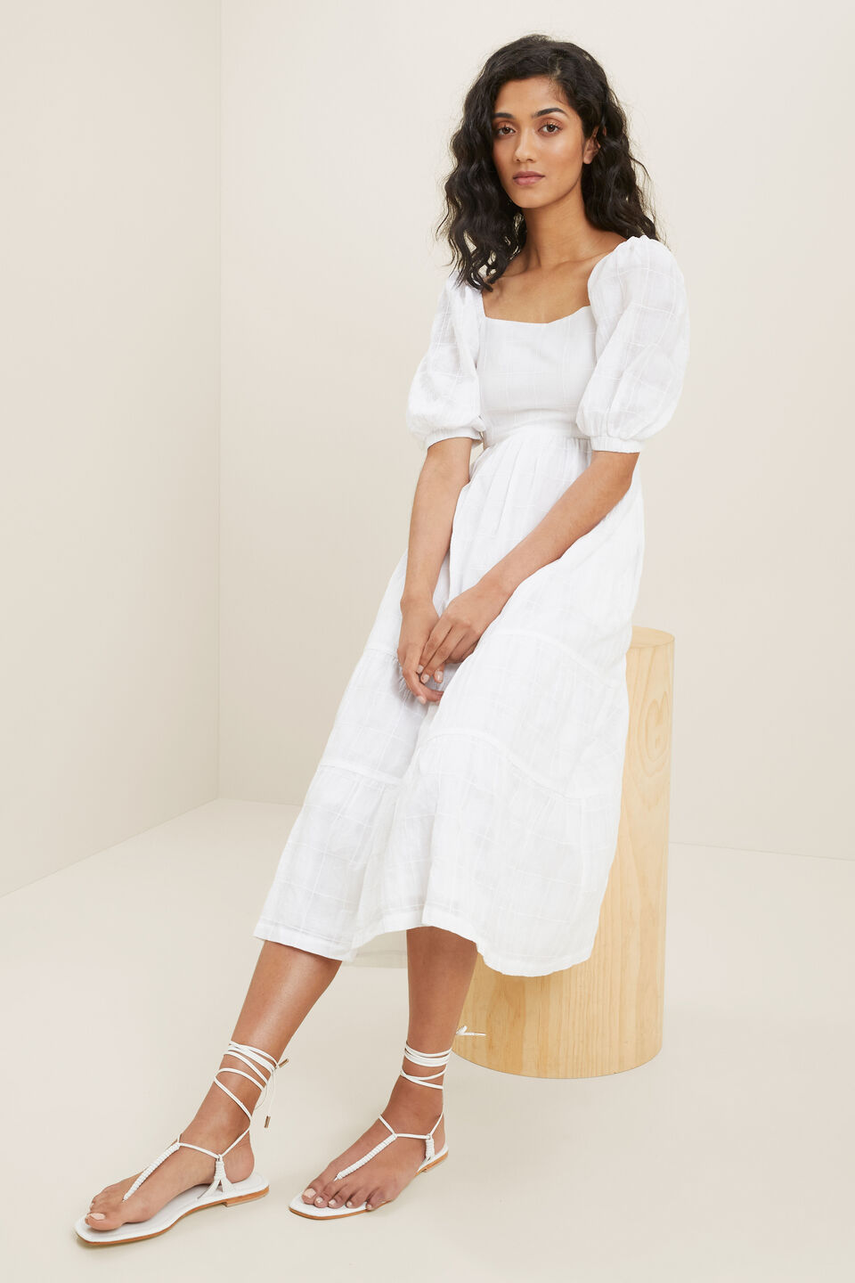 Check Tiered Midi Dress  Whisper White