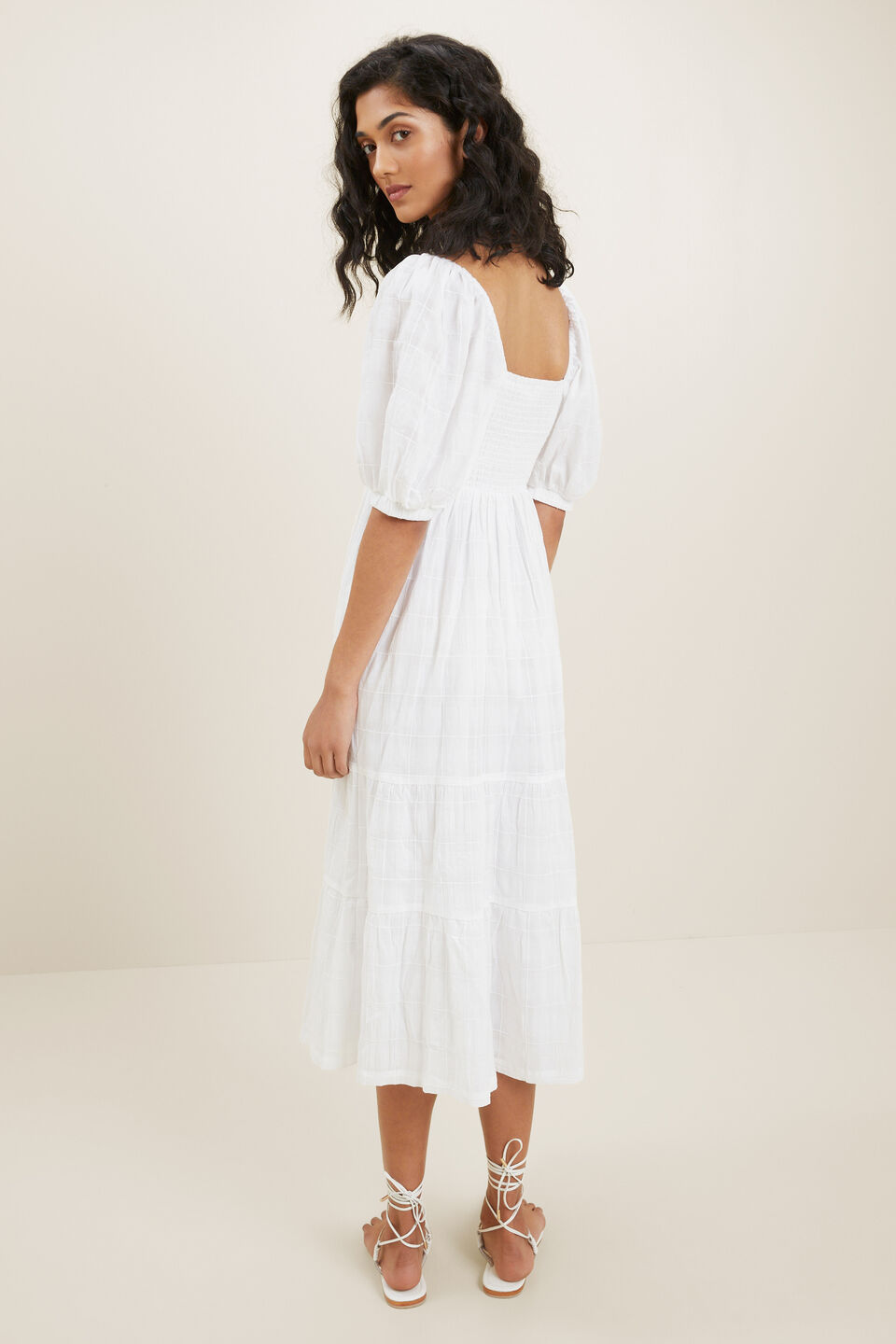 Check Tiered Midi Dress  Whisper White