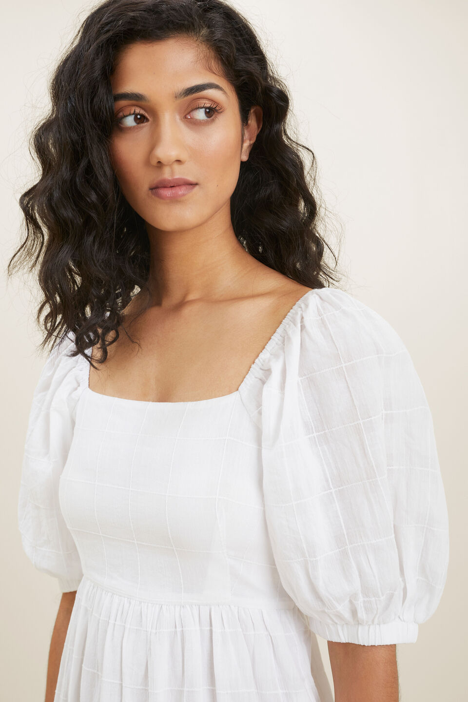 Check Tiered Midi Dress  Whisper White