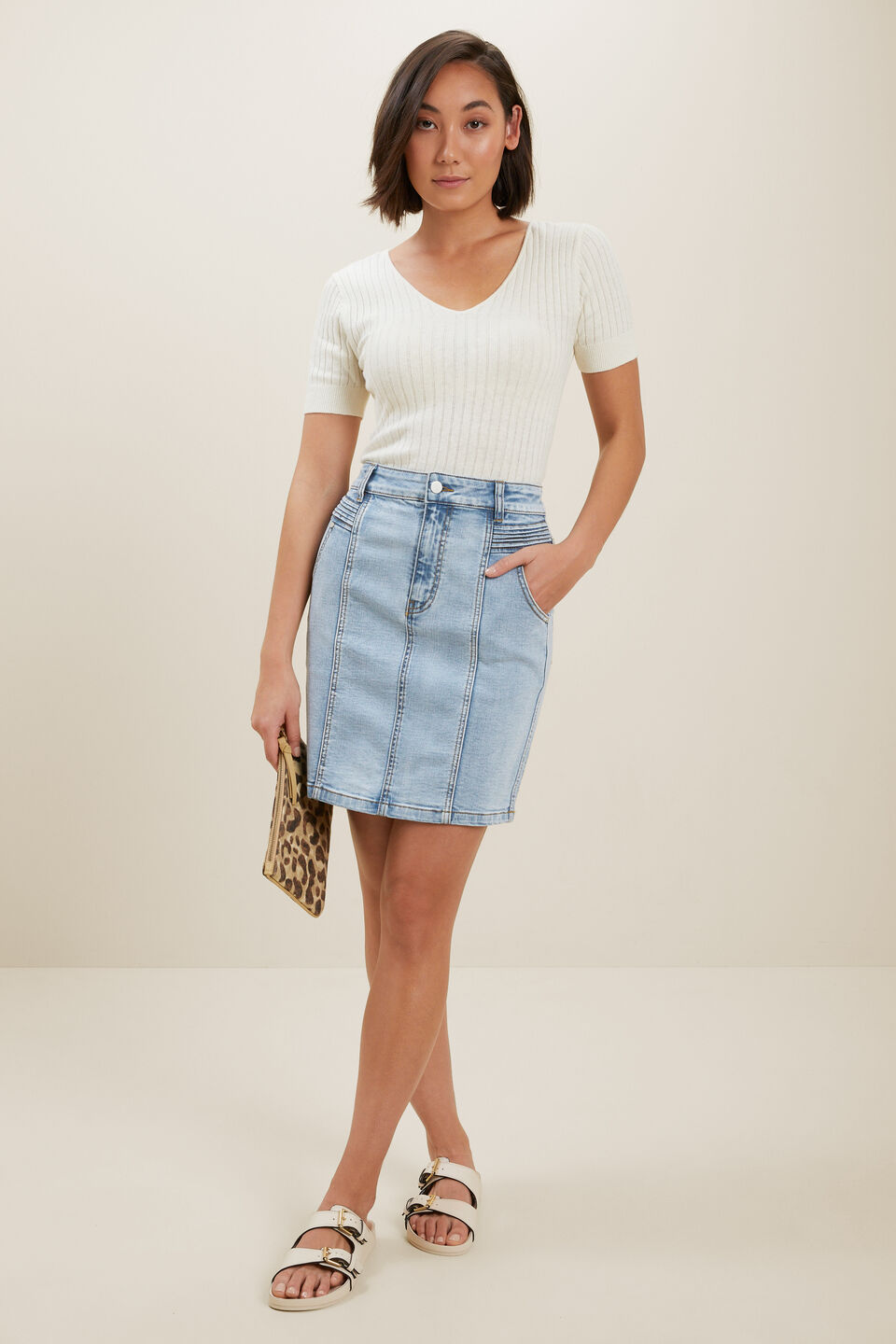 Denim Pintuck Mini Skirt  Washed Blue Denim