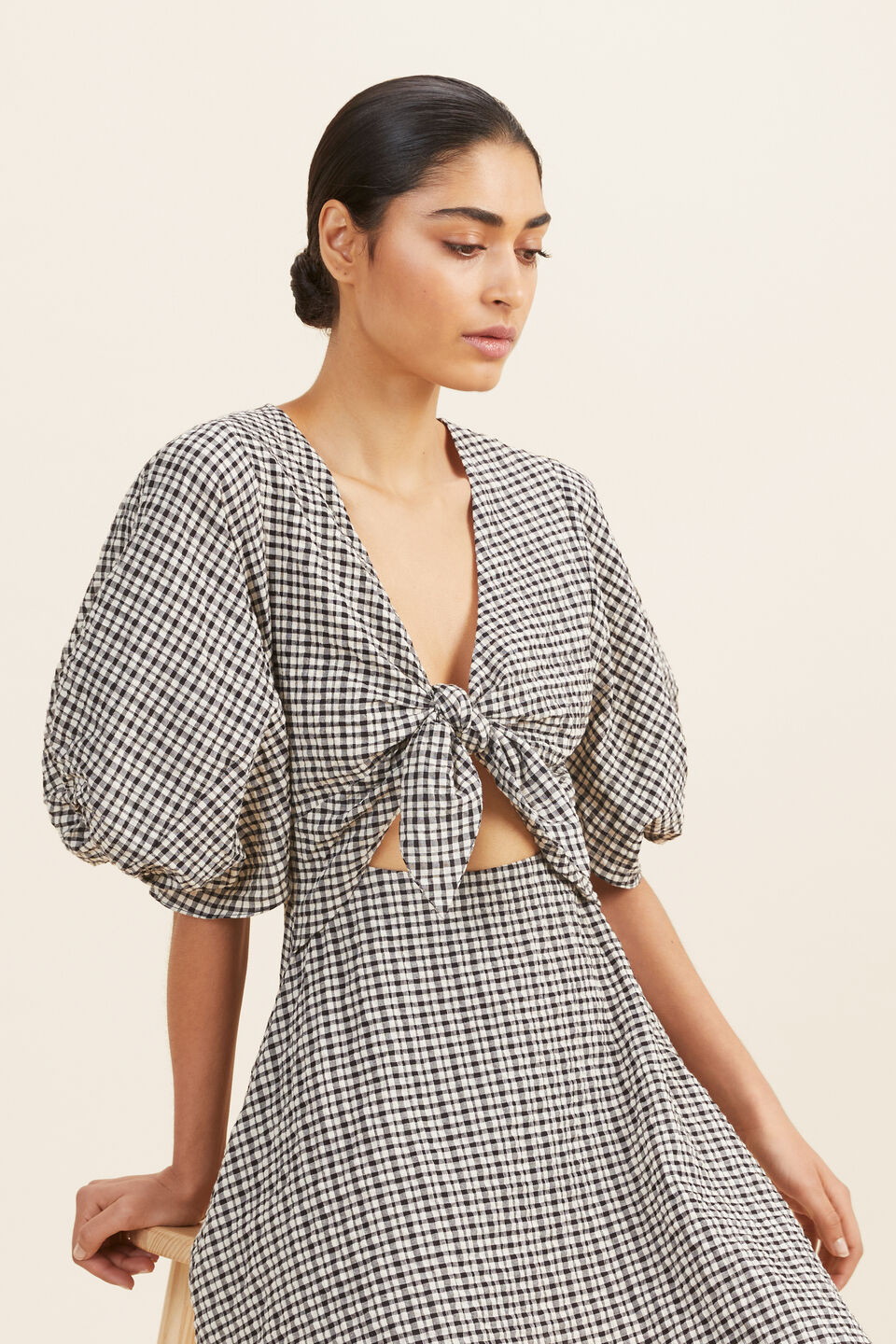 Gingham Knot Front Mini Dress  Neutral Gingham