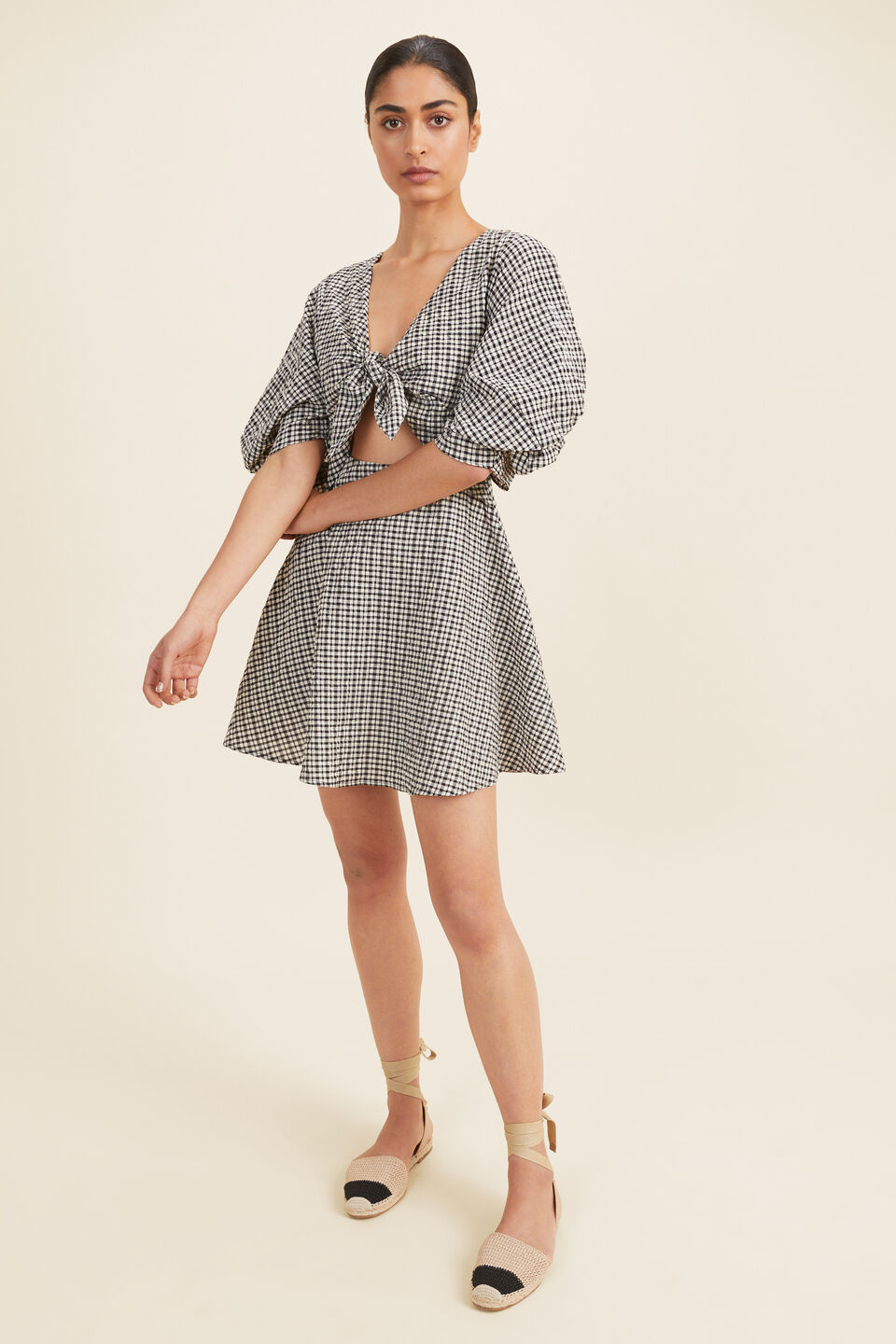 Gingham Knot Front Mini Dress  Neutral Gingham