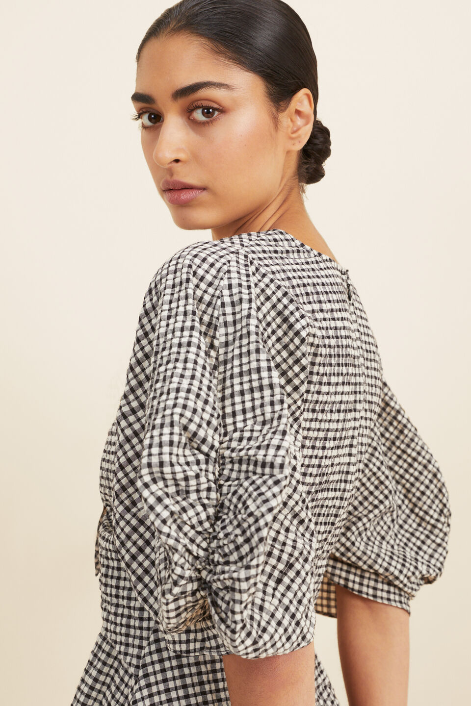 Gingham Knot Front Mini Dress  Neutral Gingham