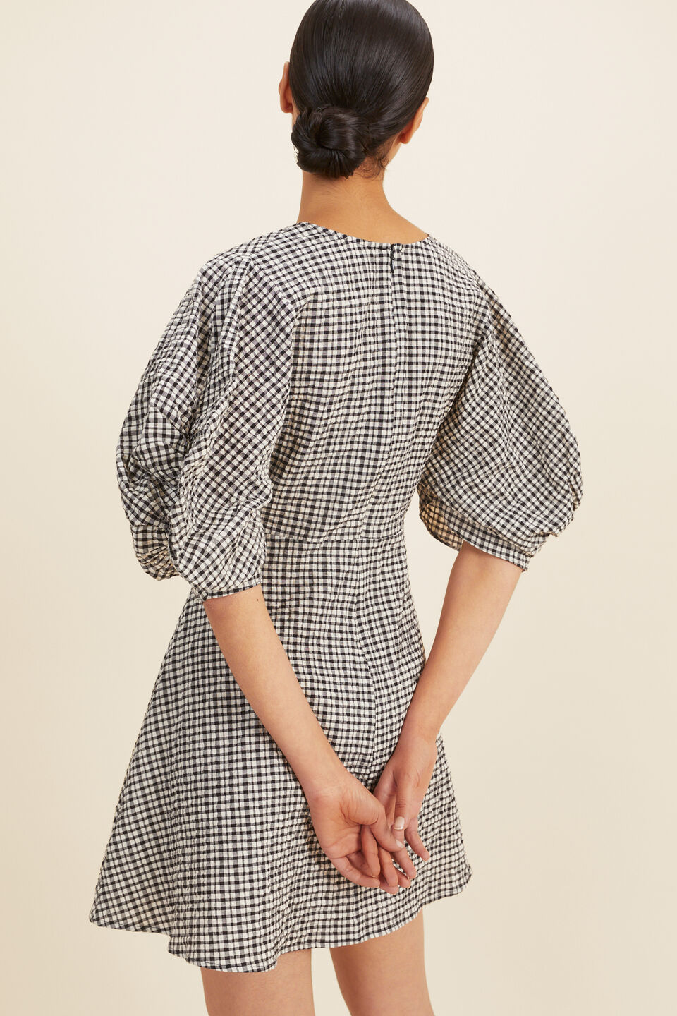 Gingham Knot Front Mini Dress  Neutral Gingham