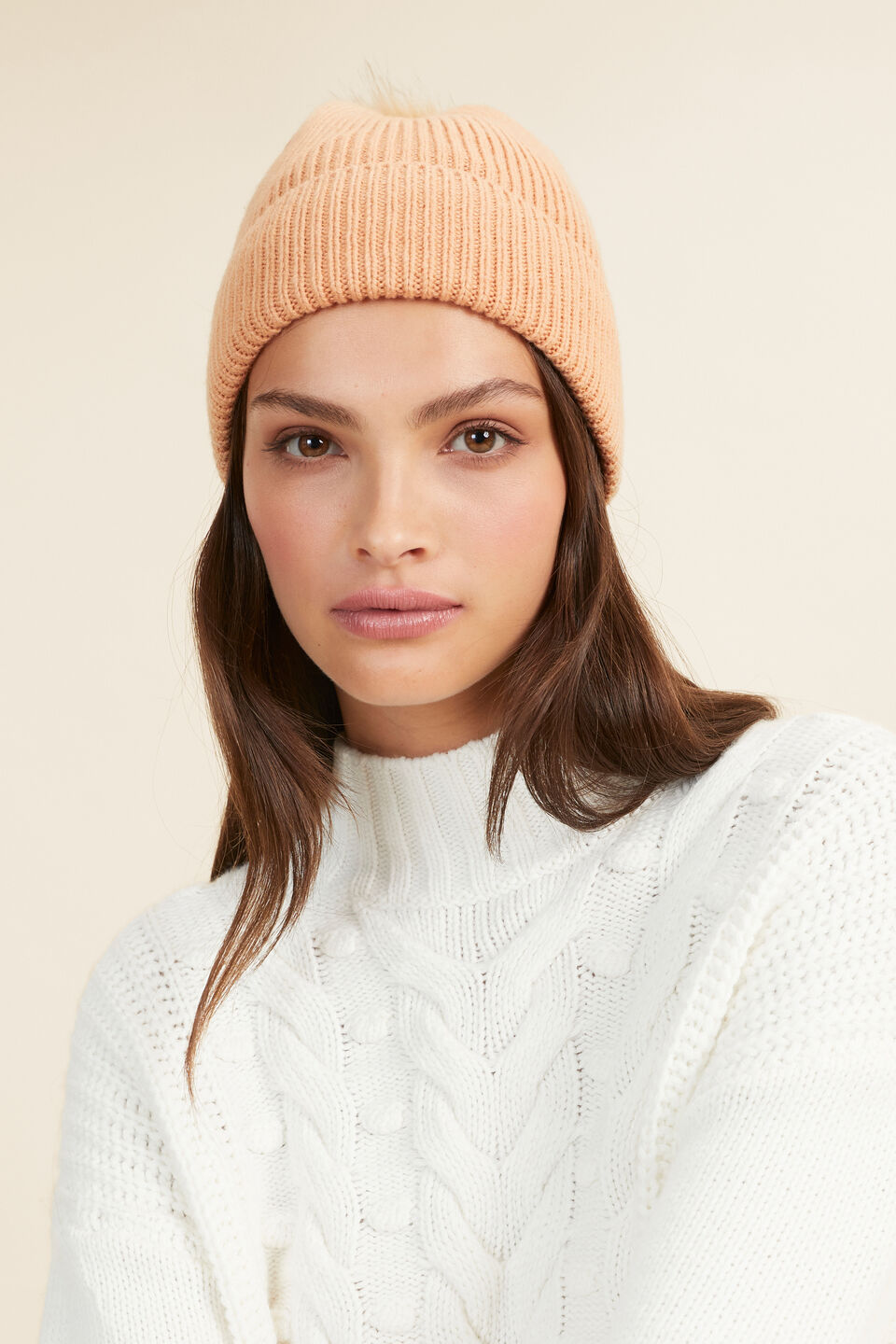 Rib Pom Pom Beanie  Light Ginger