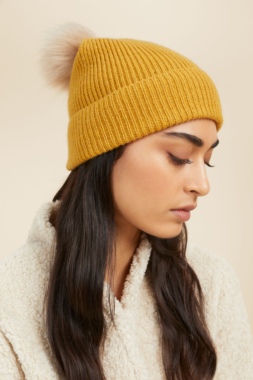 Rib Pom Pom Beanie  Turmeric