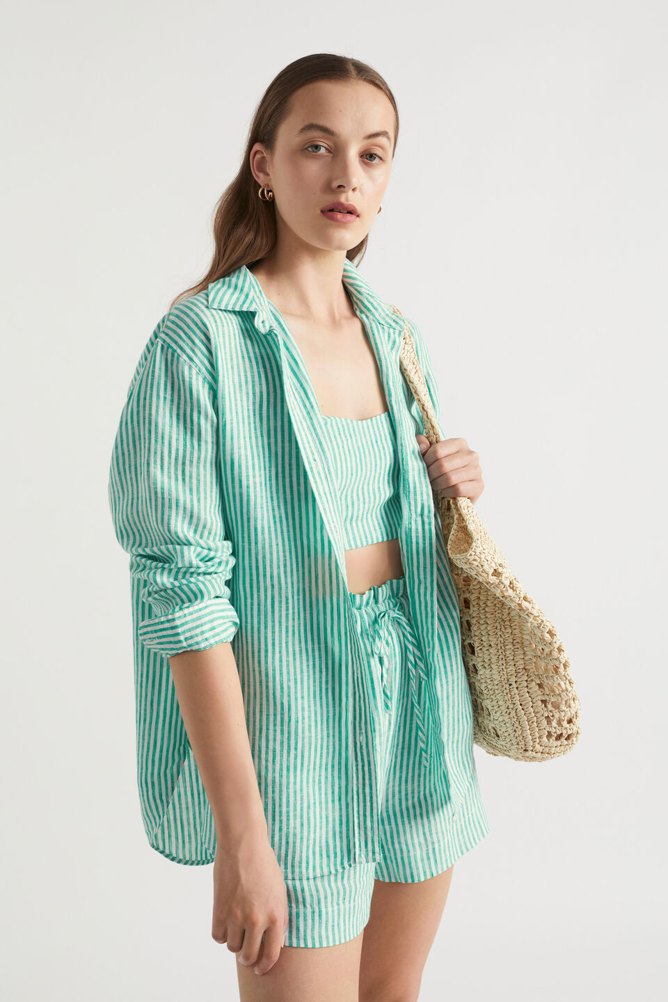 Core Linen Boyfriend Shirt  Deep Teal Stripe