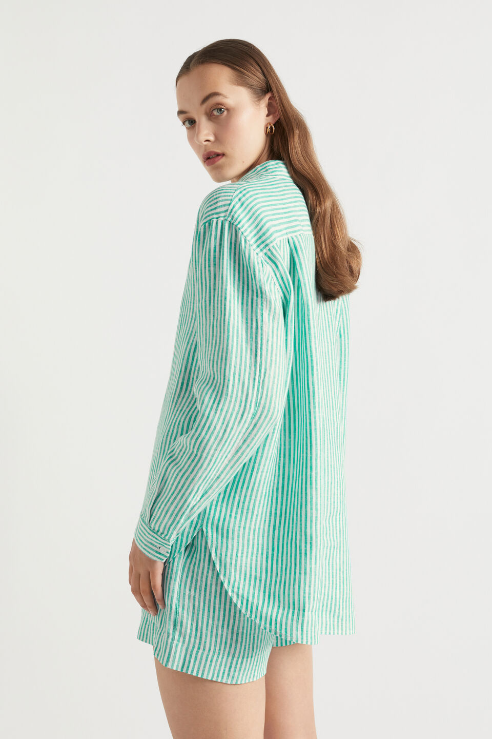 Core Linen Boyfriend Shirt  Deep Teal Stripe