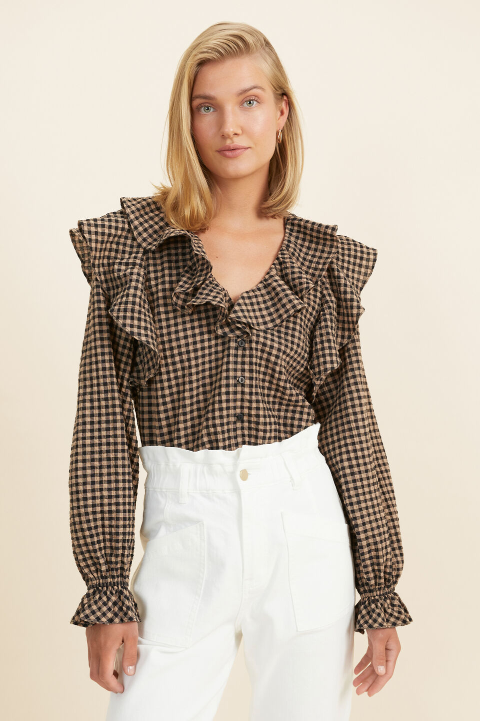 Gingham Frill Blouse  Deep Chai Gingham